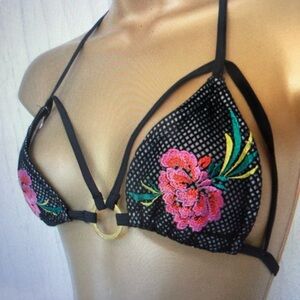Black Mesh Bikini Top with Floral Embroidery
